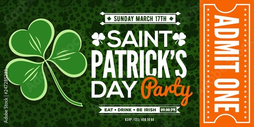 Saint Patrick's Day party celebration invitation, ticket, admit one. Vector illustration