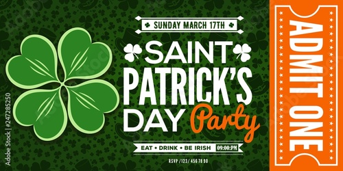 Saint Patrick's Day party celebration invitation, ticket, admit one. Vector illustration
