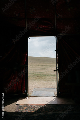 Inside looking out of a yurt, Kyrgyzstan