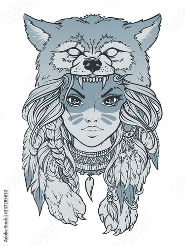 Native American girl with Wolf headdress. Hand drawn lineart vector illustration. Can be used for creating logo, posters, flyers, emblem, prints, tattoo, web