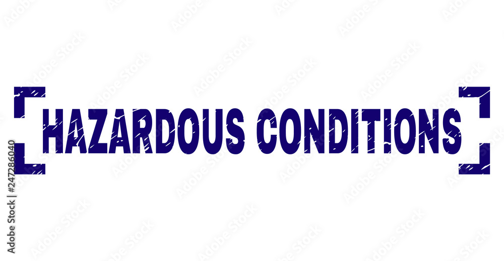 HAZARDOUS CONDITIONS text seal print with grunge texture. Text label is placed between corners. Blue vector rubber print of HAZARDOUS CONDITIONS with dust texture.