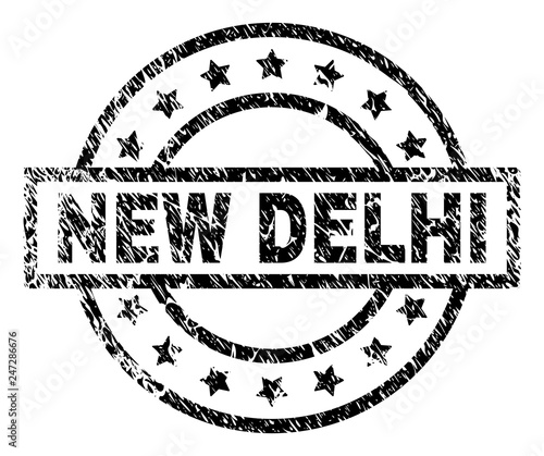 NEW DELHI stamp seal watermark with distress style. Designed with rectangle, circles and stars. Black vector rubber print of NEW DELHI title with scratched texture.