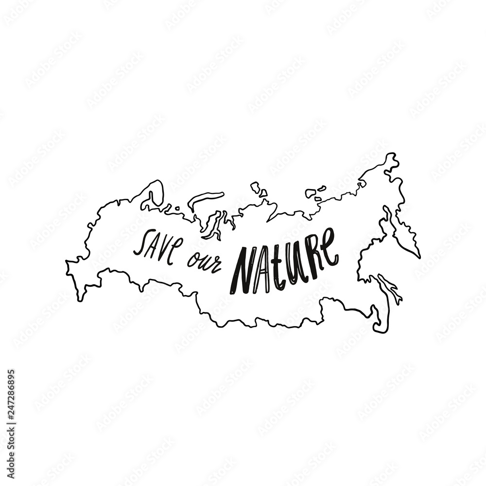 Hand drawn stylish doodle map of Russia, ecology and environment conservation theme, with love