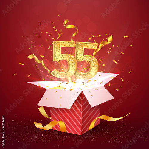 55 th years number anniversary and open gift box with explosions confetti isolated design element. Template fifty five birthday celebration on red background vector Illustration.