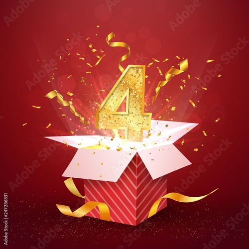 4 th year number anniversary and open gift box with explosions confetti isolated design element. Template four fourth birthday celebration on red background vector Illustration.