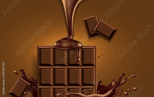 Half of the chocolate bar in the chocolate splash and a jet of liquid chocolate pours from above.3D vector. High detailed realistic illustration