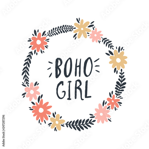 Hand drawn simple floral frame illustration. Boho hippie girl concept. Good for t-shirt prints