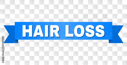 HAIR LOSS text on a ribbon. Designed with white title and blue tape. Vector banner with HAIR LOSS tag on a transparent background.