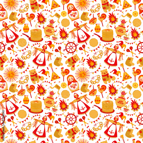 Shrovetide or Maslenitsa. Russian inscription Maslenitsa wide Wide Maslenitsa seamless pattern. Great Russian holiday Shrovetide. Vector illustration.