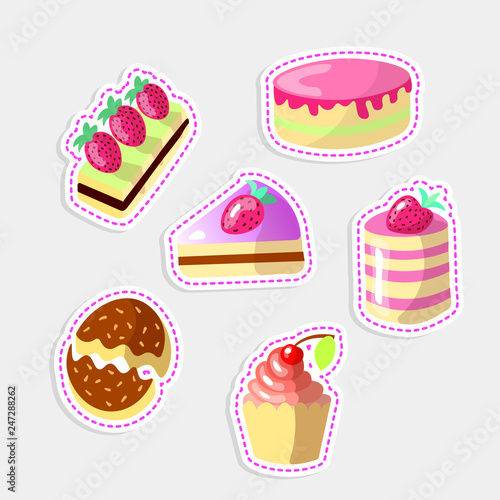 Set of cute cartoon sweet cakes  vector illustration. Colorful collection of cake icons with strawberry on top and sprinkles  pink glaze. Cute cartoon glazed cake  with chocolate  berries. Sweet