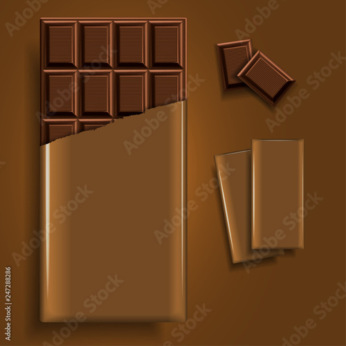 Mockup advertising chocolate. A bar of chocolate in a torn golden package and a few chocolate pieces on a golden background. 3D vector. High detailed realistic illustration