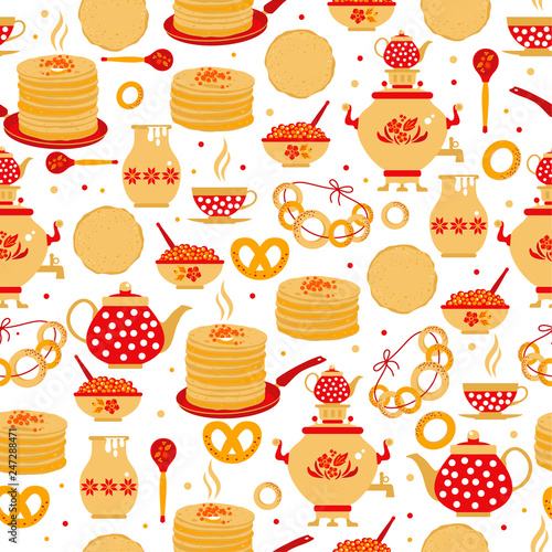 Shrovetide or Maslenitsa. Russian inscription Maslenitsa wide Wide Maslenitsa seamless pattern. Great Russian holiday Shrovetide. Vector illustration.