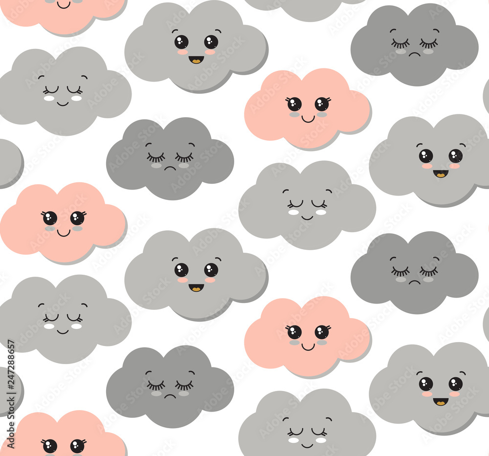 Vector seamless pattern with cute smiling colorful clouds.