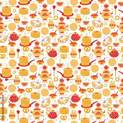 Shrovetide or Maslenitsa. Russian inscription Maslenitsa wide Wide Maslenitsa seamless pattern. Great Russian holiday Shrovetide. Vector illustration.