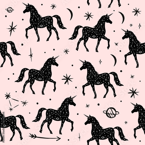 Vector pattern with unicorns  moon and stars  space constellations. Beautiful wall texture