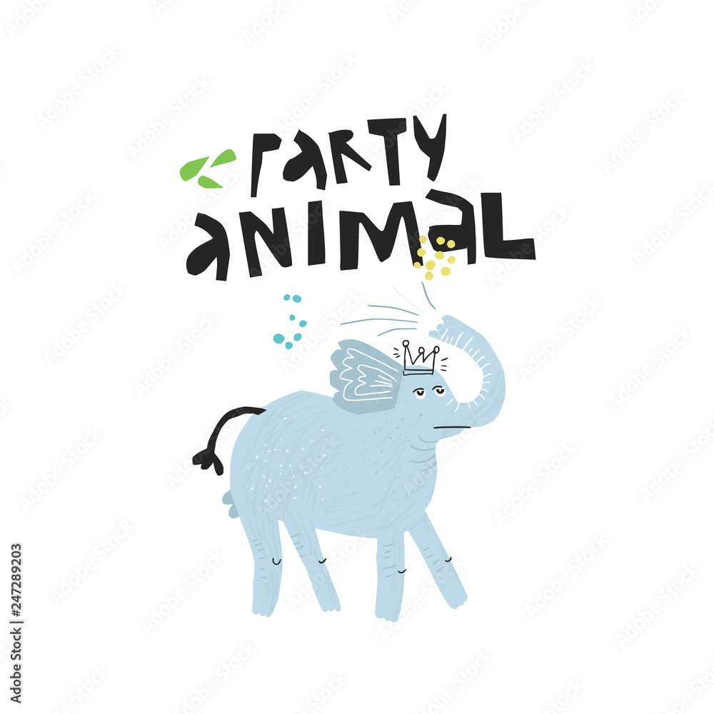 Naklejka premium Elephant in crown hand drawn flat illustration