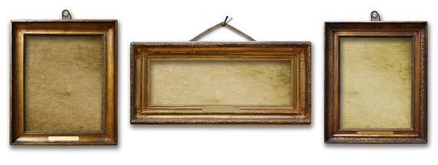 Set of three vintage golden baroque wooden frames on  isolated background
