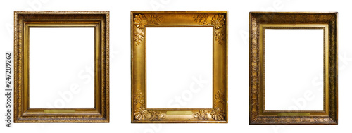 Set of three vintage golden baroque wooden frames on  isolated background