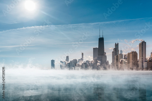 Fog above Lake Michigan along Chicago Downtown shoreline. Winter polar vortex