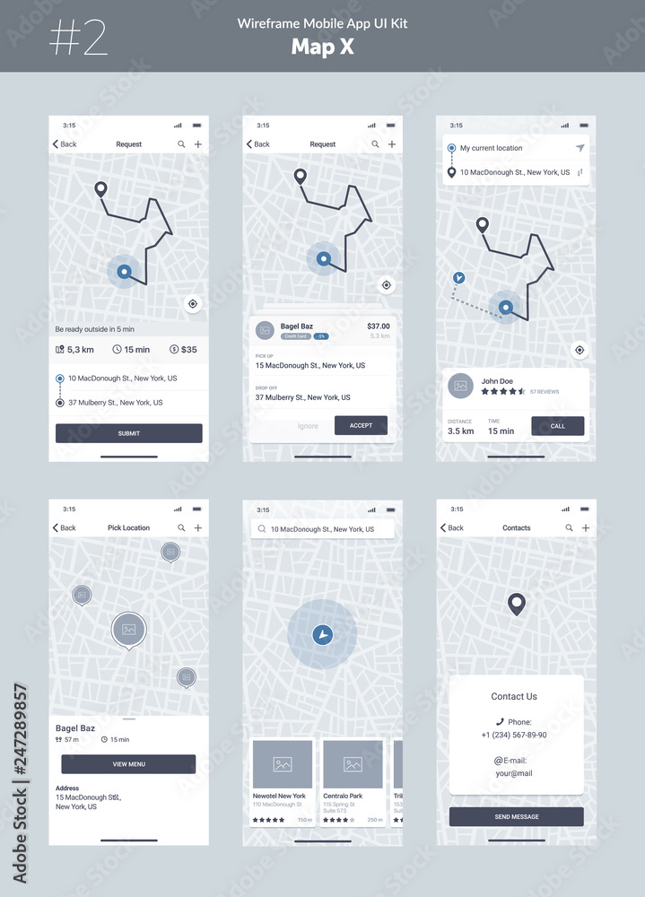 Wireframe kit for mobile phone. Mobile App UI, UX design. New map position:  request, address, way, search, filter, route, order, list, pick location  and contacts screens. Stock Vector | Adobe Stock