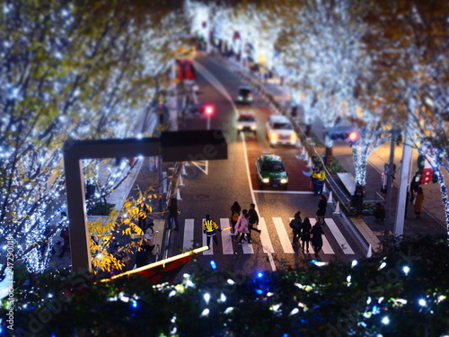 Roppongi Tokyo,Japan/Dec 18,2018:christmas illumination looking down Keyaki street with miniature effect