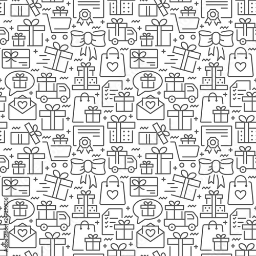 Presents seamless pattern with thin line icons