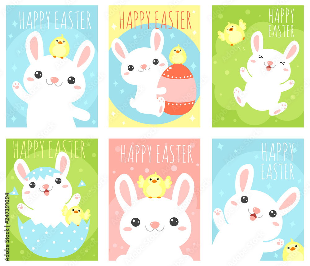 Set of Easter banner with cute rabbits and chicken Set of Easter banner with cute rabbits and chicken
