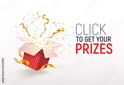 Open textured red box with confetti explosion inside. Click to get your prizes text. Flying particles from giftbox vector illustration on white background