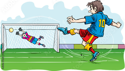 Goalkeeper jumping to catch the soccer ball. Football game
