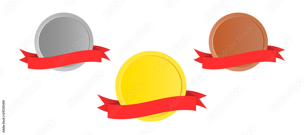 Medals with red ribbon. Gold, silver and bronze medal. Medals with red ribbon. Gold, silver and bronze medal.