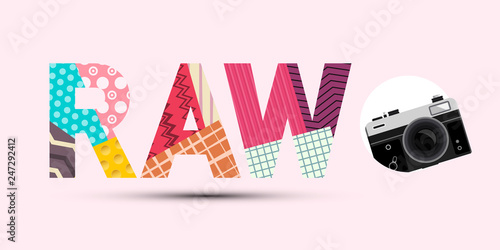 RAW Title Made from Paper Cut Papers with Retro Digital Camera Vector Modern Design on Pink Background