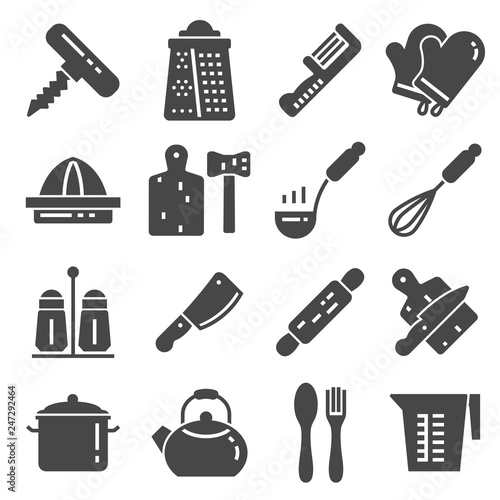 Kitchen related utensils and appliances silhouette icons vector set