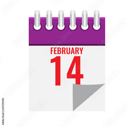 Calendar icon with spiral showing 14 February Valentines day. Flat vector illustration.