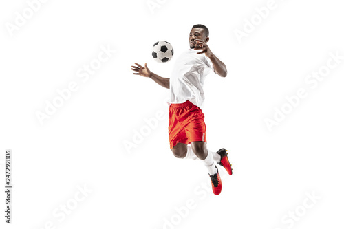 Slika na platnu Professional african american football soccer player in motion isolated on white studio background