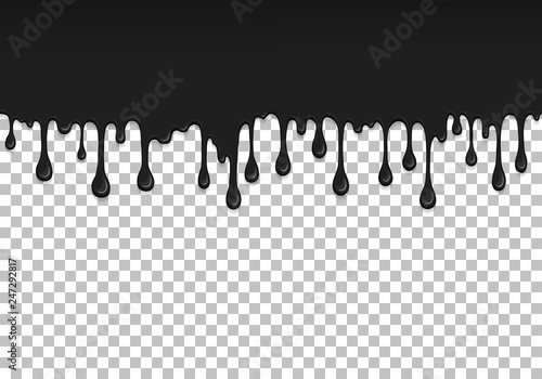 Black dripping slime seamless pattern. Petroleum background with copy space. Kids sensory toy vector illustration. Realistic liquid mucus isolated element. Flowing black fluid. Paint drops and blots.