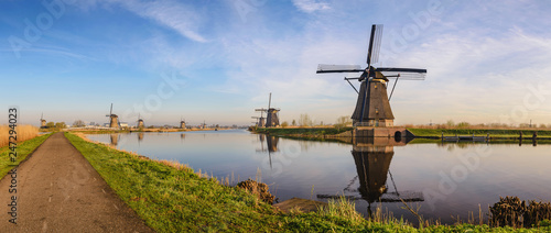 Rotterdam Netherlands, Panorama of Dutch Windmill at Kinderdijk Village