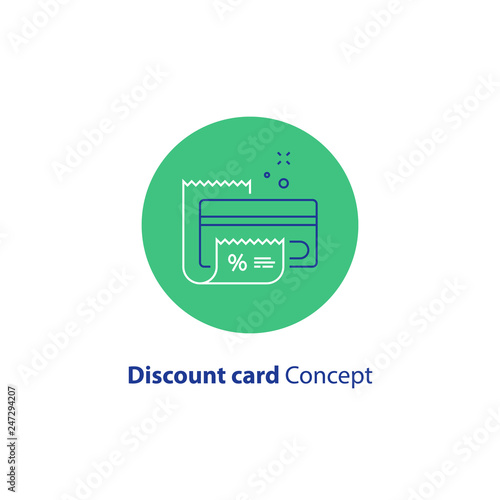 Loyalty program, discount card, till slip, credit card payment, vector outline icon