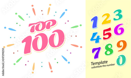 Color fireworks template with numbers - tor 100 rating. Colorful bright numbers from 1 to 9 for easy replacement in the layout. Vector illustration in a flat style.