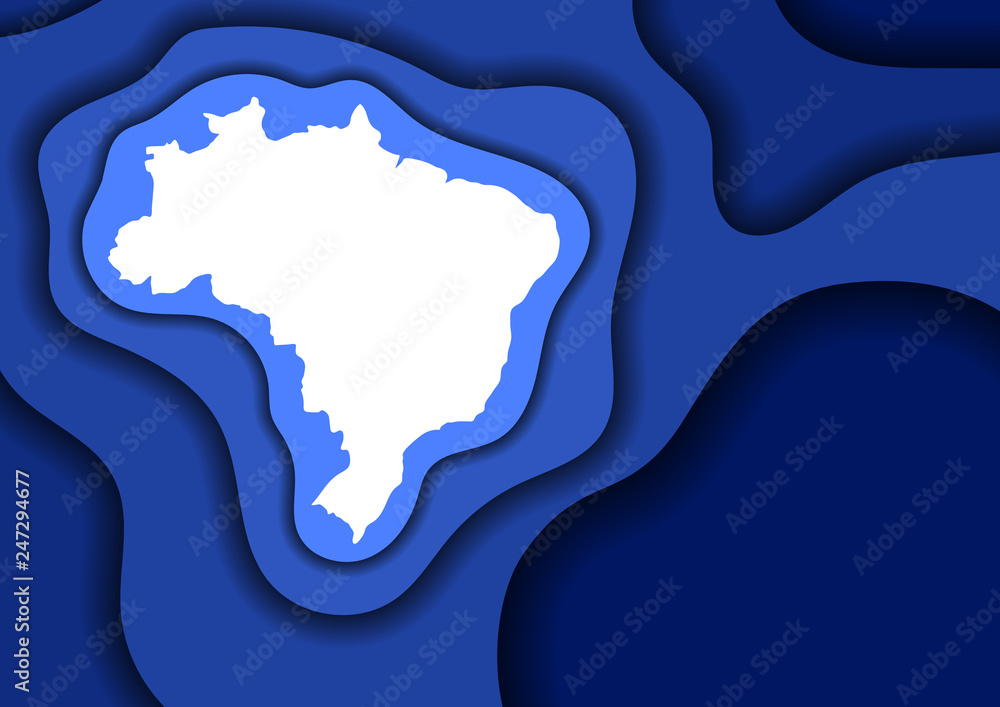 Brazil map abstract schematic from blue layers paper cut 3D waves and shadows one over the other. Layout for banner, poster, greeting card. Vector illustration.