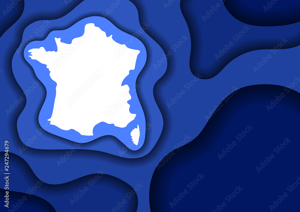 France map abstract schematic from blue layers paper cut 3D waves and shadows one over the other. Layout for banner, poster, greeting card. Vector illustration.