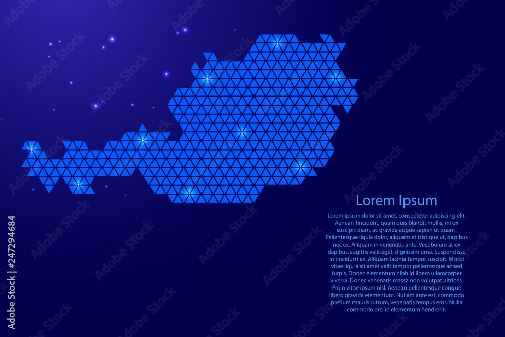 Austria map abstract schematic from blue triangles repeating pattern geometric background with nodes and space stars for banner, poster, greeting card. Vector illustration.