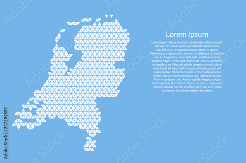 Netherlands map abstract schematic from white  triangles repeating pattern geometric on light blue background with nodes for banner, poster, greeting card. Vector illustration.