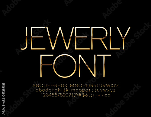 Vector jewerly Golden Alphabet. Elegant Slim Font. Chic Letters, Numbers and Symbols. 