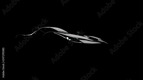 silhouette of black supercar with headlights on black background, 3d render, generic design, non-branded photo