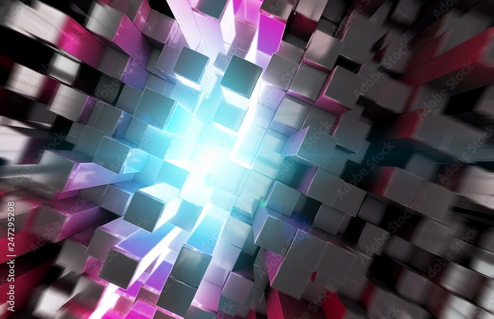 Fototapeta Glowing black blue and pink squares background pattern 3D rendering