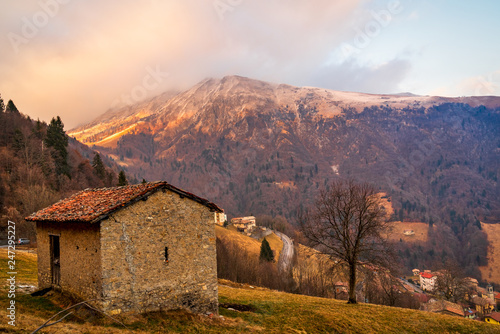 Beautiful view of the Orobie Alps at sunset,north Alps autumn / winter, the mountain is a little snow-covered ,Oltre il Colle,Seriana Valley,Bergamo Italy.