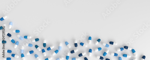many blue pills poured in the shape of a wave on a white background, 3d illustration