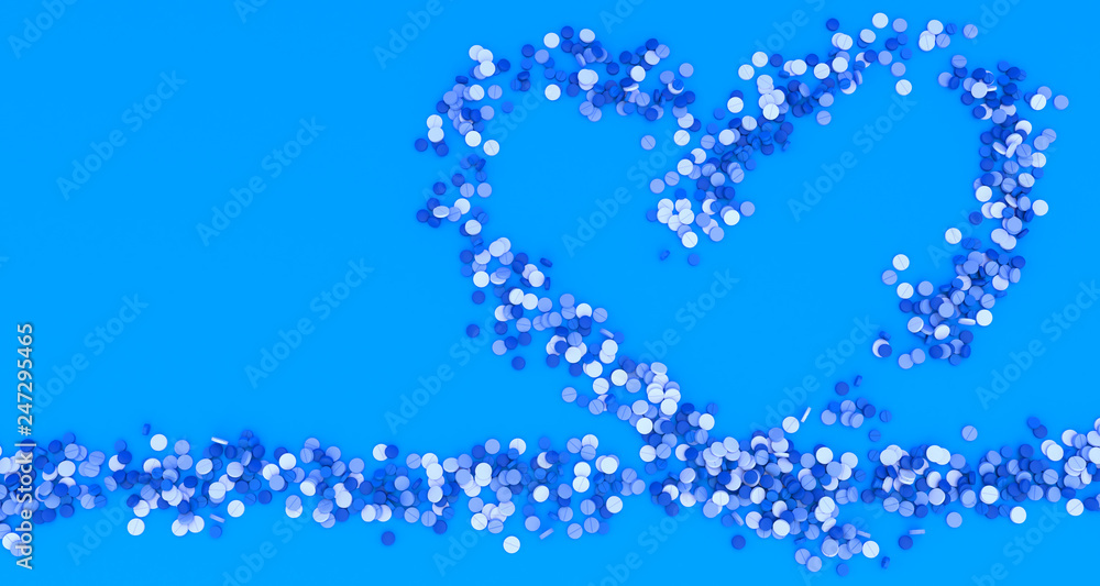 many blue pills poured in the shape of a heart on a blue background, 3d illustration