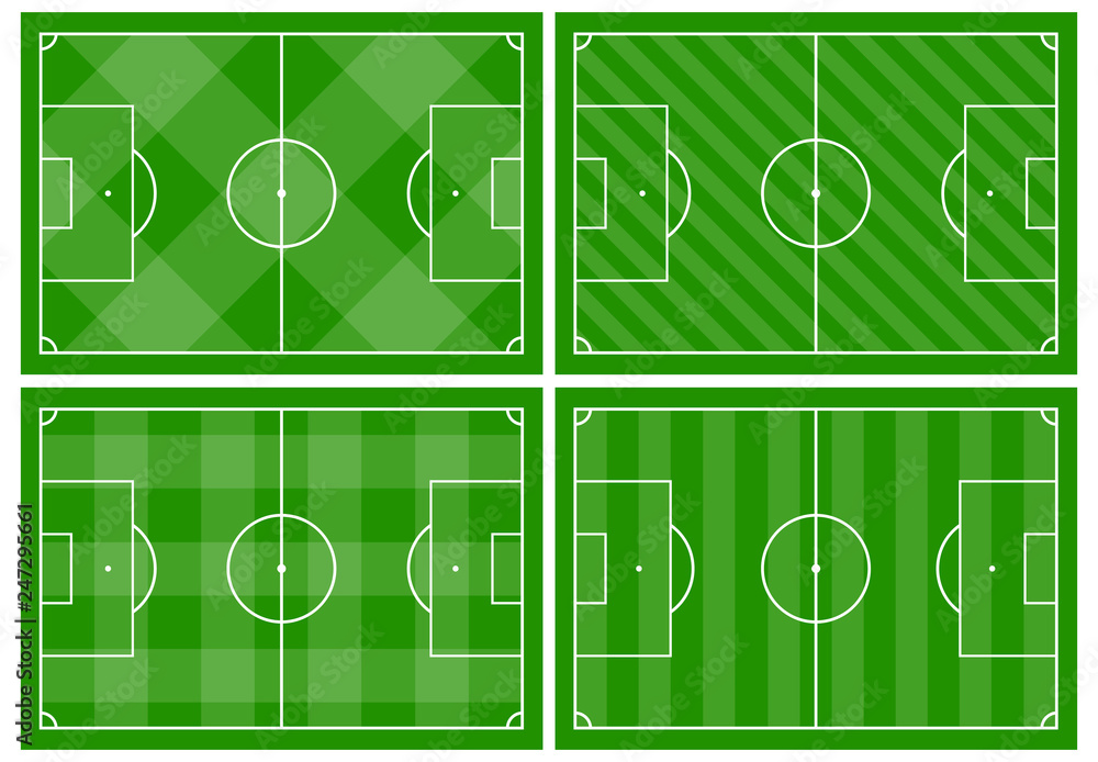 Set of four football fields with different green grass ornaments Set of four football fields with different green grass ornaments