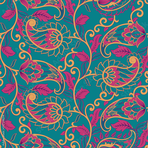 Paisley seamless pattern with flowers in indian style.